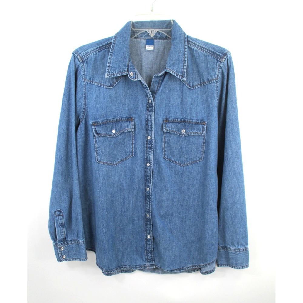 Old Navy Mens Western Denim Shirt L Blue Medium Wash White Snaps 581399-00